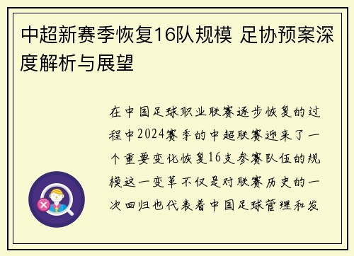 中超新赛季恢复16队规模 足协预案深度解析与展望
